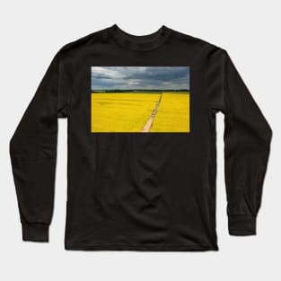 Agricultural landscape, fields of yellow colza under moody cloudy sky Long Sleeve T-Shirt